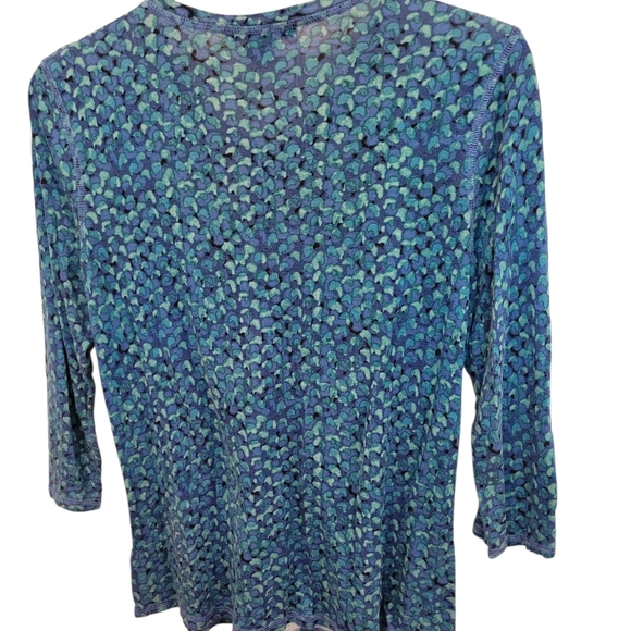 Liz Clayborne Petite Small Rayon Blue Print Top Pockets Button Neck Silky Feel - Picture 2 of 8